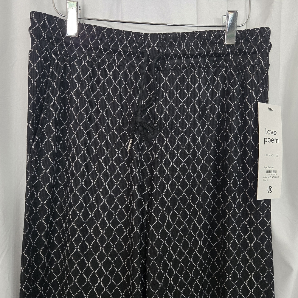 Love Poem Black/White Print Wide Leg Drawstring Waist Pants Size L